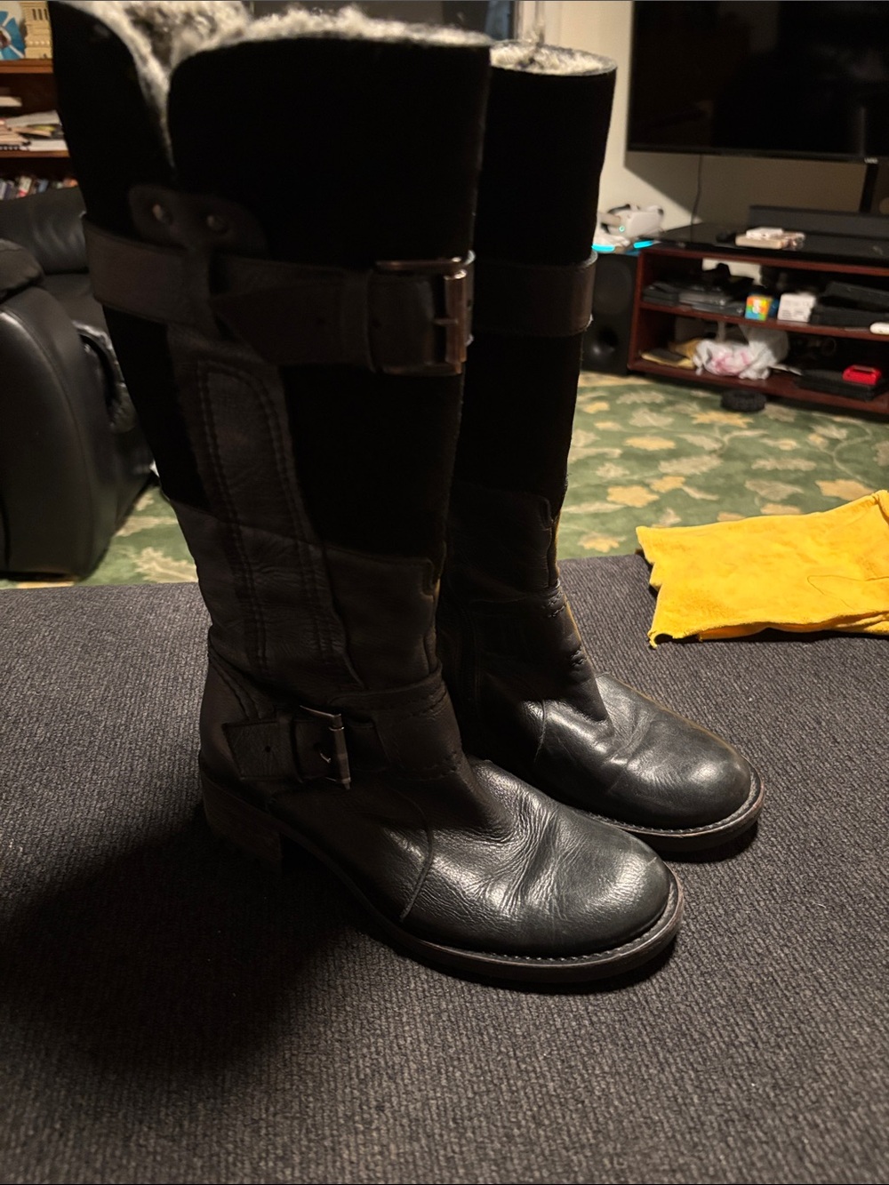 Women's Black Leather Knee-High Winter Boots with Faux Shearling Trim